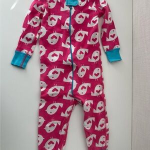 Hanna Andersson Pink Bird Print Zip Sleeper with Turquoise Trim